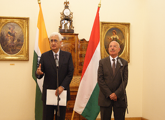 External Affairs Minister Shri Salman Khurshid with Mr. Janos Martonyi Foreign Minister of Hungary at a Media Interaction in Budapest (July 15, 2013)