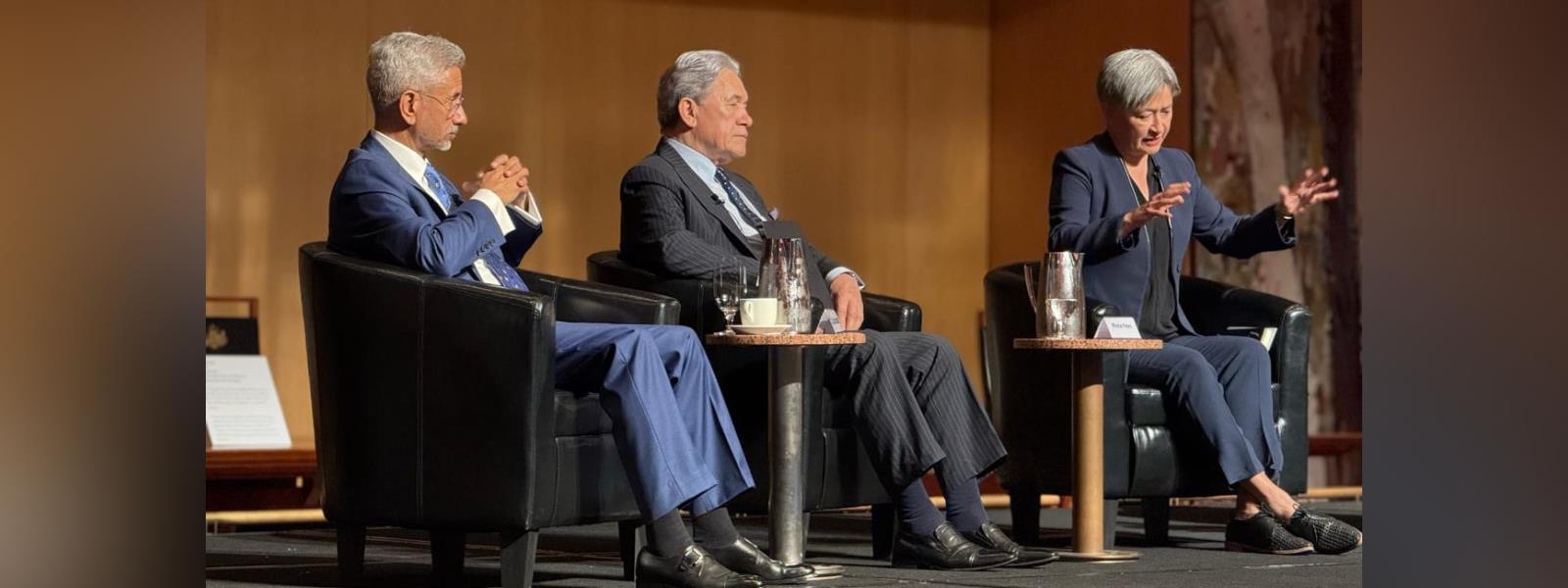 External Affairs Minister, Dr. S. Jaishankar participated in a conversation with H.E. Mr. Winston Peters, Deputy Prime Minister and Foreign Minister of New Zealand, and H.E. Ms. Penny Wong, Minister for Foreign Affairs of Australia at Raisina Down Under 2024 in Canberra