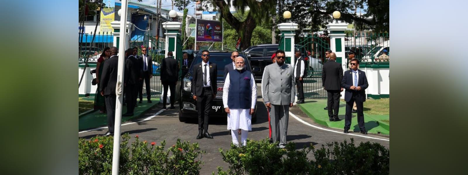 President of Guyana, H.E. Dr. Mohamed Irfaan Ali welcomed Prime Minister Shri Narendra Modi  at the State House in Georgetown, Guyana