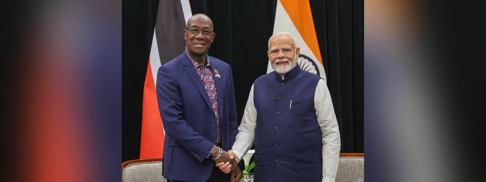 Prime Minister Shri Narendra Modi met H.E. Dr. Keith Rowley, Prime Minister of Trinidad & Tobago on the sidelines of 2nd India-CARICOM Summit in Georgetown