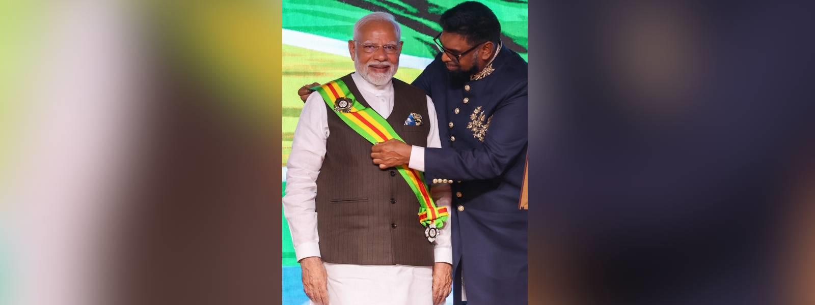 President of Guyana, H.E. Dr. Mohamed Irfaan Ali conferred Prime Minister Shri Narendra Modi with the highest national award of Guyana ‘The Order of Excellence’ in Georgetown