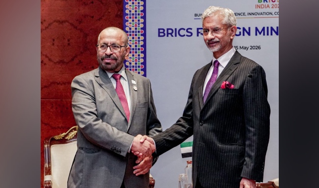 External Affairs Minister Dr. S. Jaishankar met H.E. Khalifa Shaheen Al Marar, Minister of Foreign Affairs and International Cooperation of UAE on the sidelines of the BRICS Foreign Ministers meeting at Bharat Mandapam