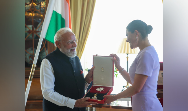 HRH Crown Princess Victoria of Sweden conferred upon Prime Minister Shri Narendra Modi the ‘Royal Order of the Polar Star, Degree Commander Grand Cross’ in recognition of his exceptional contribution to the India-Sweden relationship and his visionary leadership